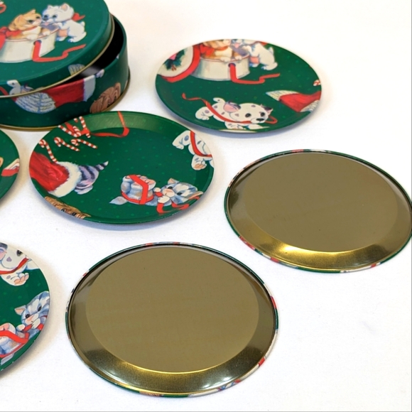 Vintage Christmas Holiday Cats & Dogs Coaster Set of 6 With Storage Tin - Metal - Picture 4 of 8